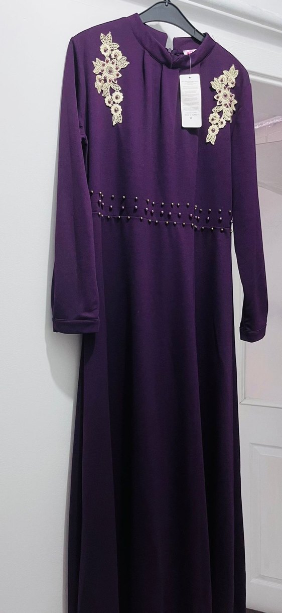 İşlemeli ve Boncuk Detaylı Uzun Mor Elbise - Görsel 2
