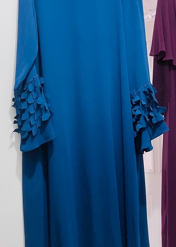 Mavi Uzun Kollu Fırfırlı Kadın Elbise - Görsel 2