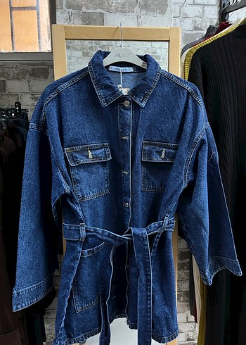 l Beden Kadın Lacivert Kuşaklı Denim Ceket