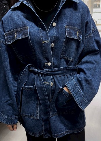 Kadın Lacivert Kuşaklı Denim Ceket