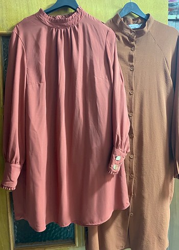 Düğmeli, Uzun Kollu, Yüksek Yakalı Kahverengi Tunik - Görsel 2