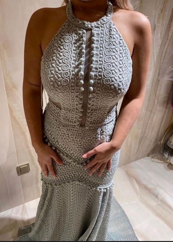 Yılan Desenli Gri Uzun Drapeli Kadın Abiye - Görsel 2