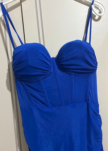 Straplez Drapeli Mini Mavi Abiye Elbise - Görsel 4