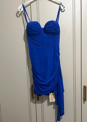 Straplez Drapeli Mini Mavi Abiye Elbise - Görsel 2