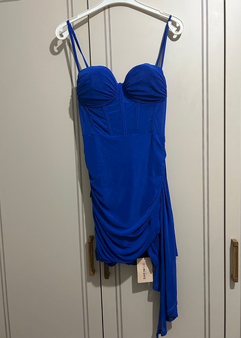 Straplez Drapeli Mini Mavi Abiye Elbise - Görsel 3