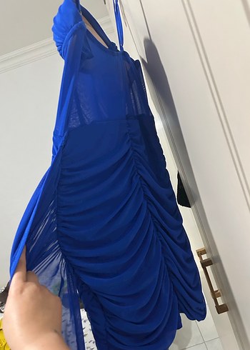 Straplez Drapeli Mini Mavi Abiye Elbise - Görsel 8