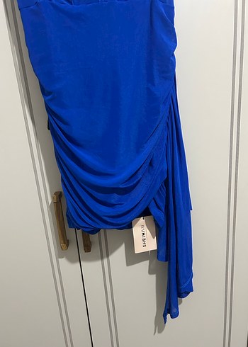 Straplez Drapeli Mini Mavi Abiye Elbise - Görsel 5