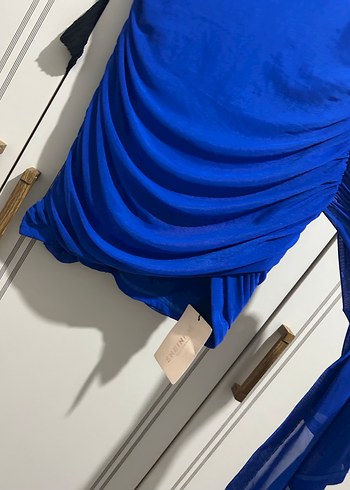 Straplez Drapeli Mini Mavi Abiye Elbise - Görsel 6