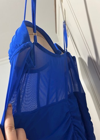 Straplez Drapeli Mini Mavi Abiye Elbise - Görsel 9