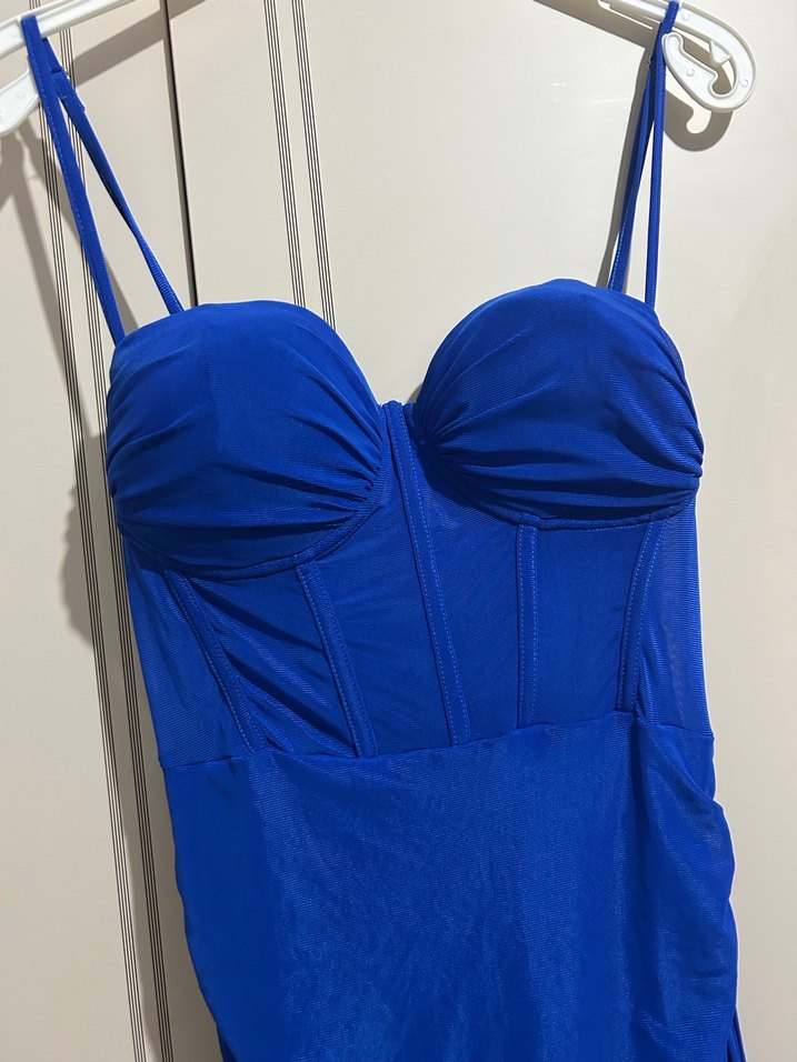 Straplez Drapeli Mini Mavi Abiye Elbise - Görsel 4