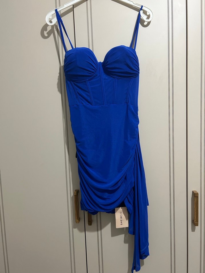 Straplez Drapeli Mini Mavi Abiye Elbise - Görsel 2