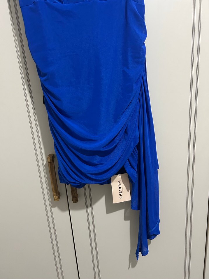 Straplez Drapeli Mini Mavi Abiye Elbise - Görsel 5