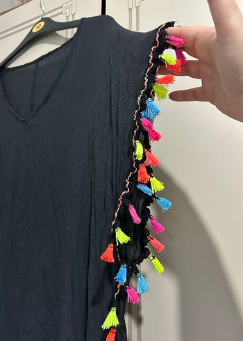 Renkli Püsküllü Bohem V Yaka Midi - Görsel 4