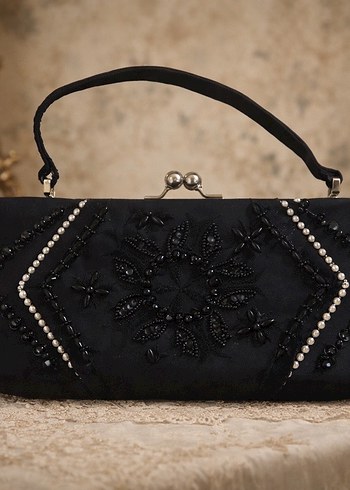 İşlemeli Siyah Vintage Kadın Portföy Çanta - Görsel 14