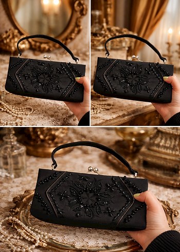 İşlemeli Siyah Vintage Kadın Portföy Çanta - Görsel 13