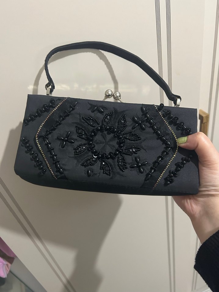 İşlemeli Siyah Vintage Kadın Portföy Çanta - Görsel 5