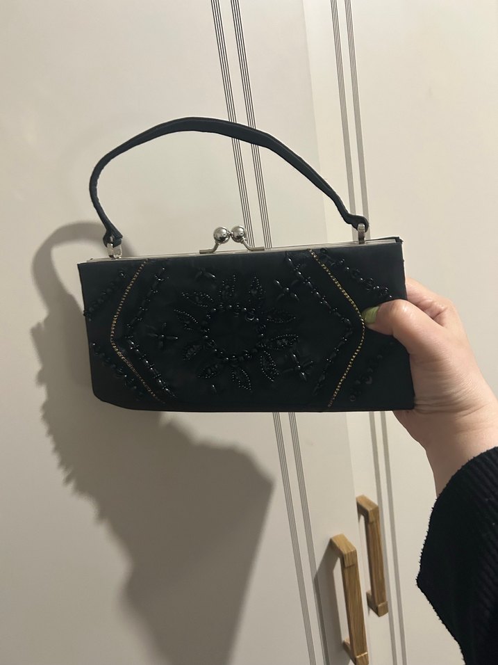İşlemeli Siyah Vintage Kadın Portföy Çanta - Görsel 4
