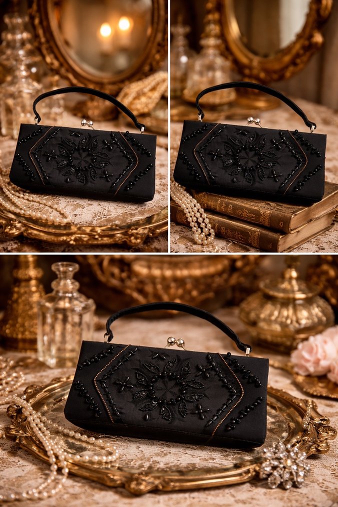 İşlemeli Siyah Vintage Kadın Portföy Çanta - Görsel 2