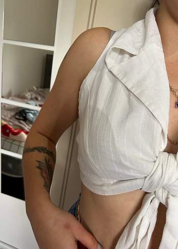 Beyaz Keten Halter Bağcıklı Crop Top - Görsel 8