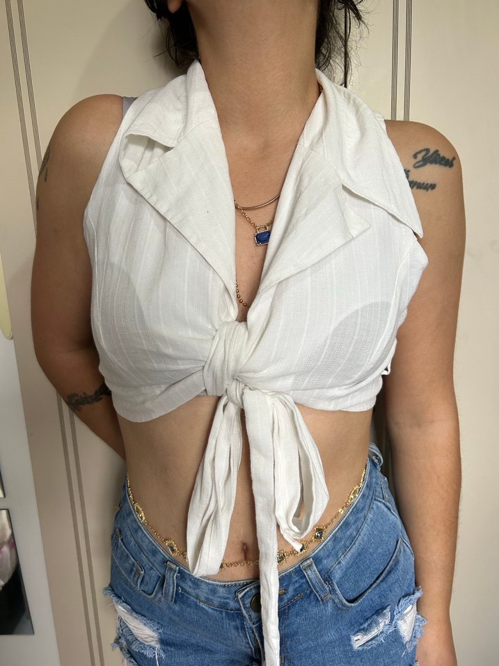 Beyaz Keten Halter Bağcıklı Crop Top - Görsel 2