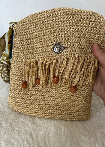 Püsküllü Nakışlı Camel Örgü Bohem Çanta - Görsel 10