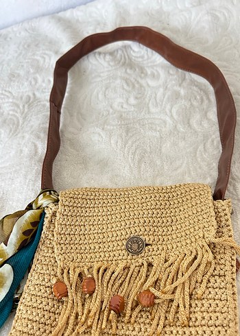 Püsküllü Nakışlı Camel Örgü Bohem Çanta - Görsel 6