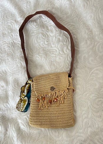 Püsküllü Nakışlı Camel Örgü Bohem Çanta - Görsel 2
