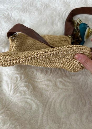 Püsküllü Nakışlı Camel Örgü Bohem Çanta - Görsel 12