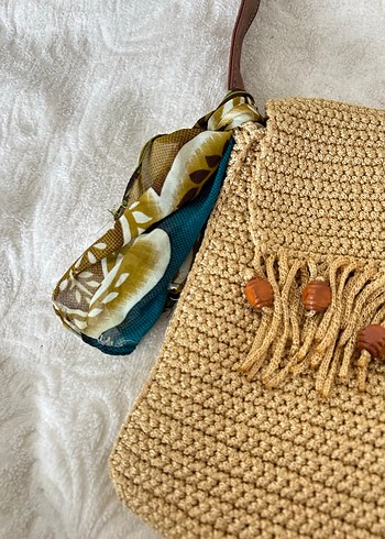 Püsküllü Nakışlı Camel Örgü Bohem Çanta - Görsel 5
