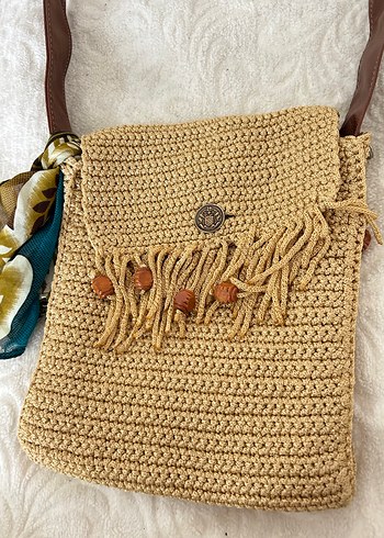 Püsküllü Nakışlı Camel Örgü Bohem Çanta - Görsel 4
