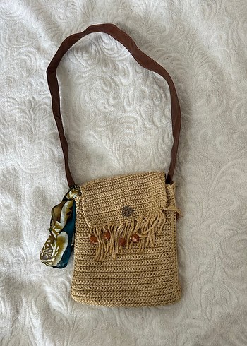 Püsküllü Nakışlı Camel Örgü Bohem Çanta - Görsel 3