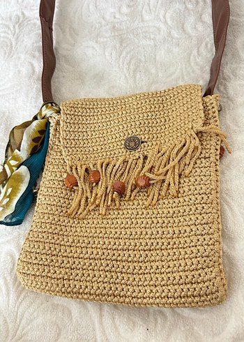 Püsküllü Nakışlı Camel Örgü Bohem Çanta - Görsel 7