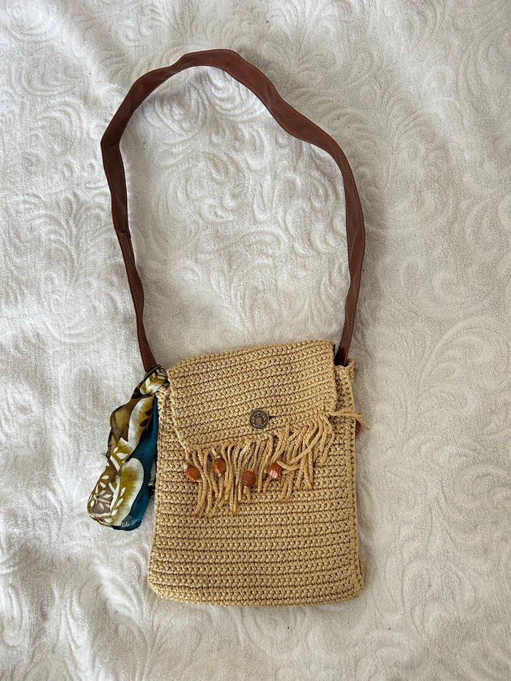 Püsküllü Nakışlı Camel Örgü Bohem Çanta - Görsel 2