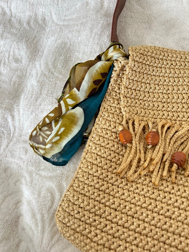 Püsküllü Nakışlı Camel Örgü Bohem Çanta - Görsel 5