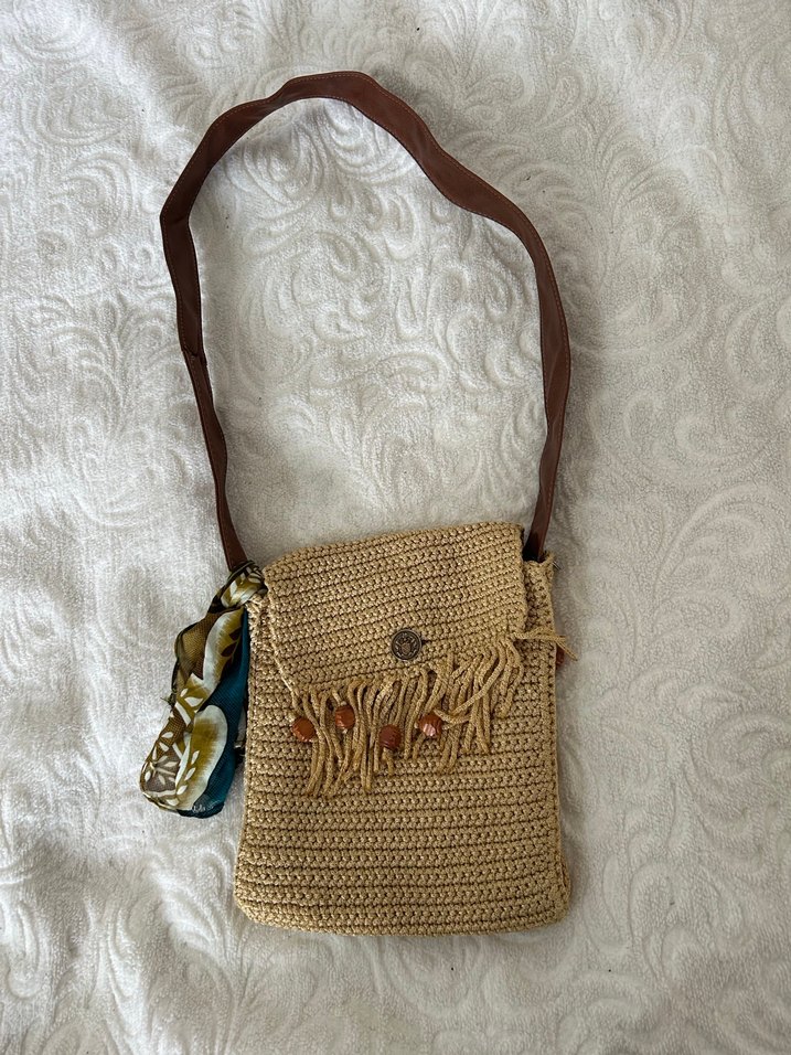 Püsküllü Nakışlı Camel Örgü Bohem Çanta - Görsel 3