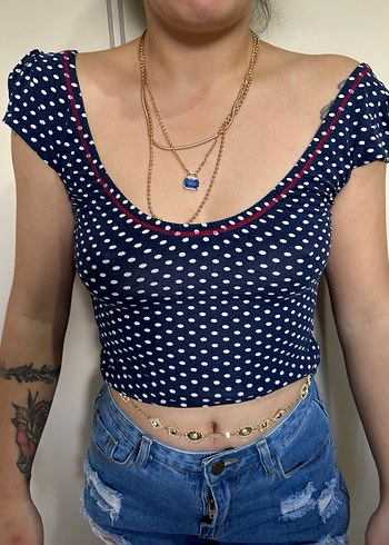 Lacivert Puantiyeli V Yaka Crop Top - Görsel 3