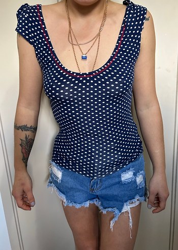 Lacivert Puantiyeli V Yaka Crop Top - Görsel 2