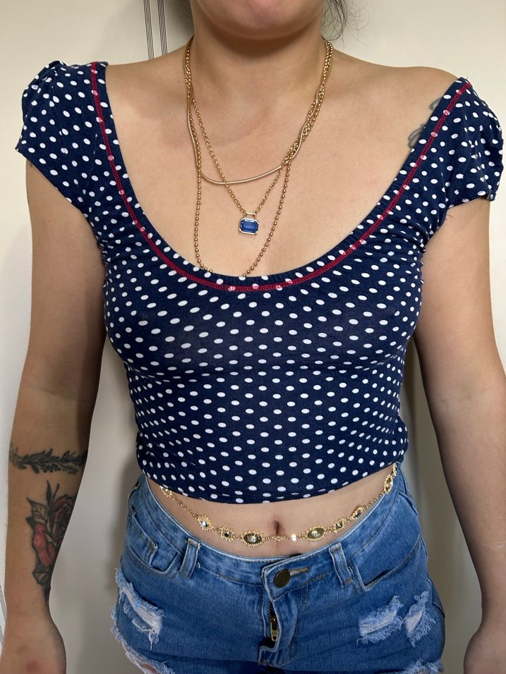 Lacivert Puantiyeli  V Yaka Crop Top - Görsel 3