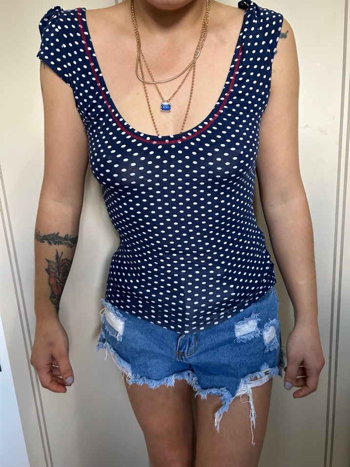 Lacivert Puantiyeli  V Yaka Crop Top - Görsel 2