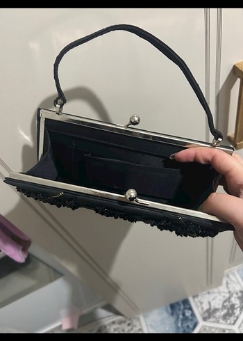 Siyah Nakışlı Boncuk İşlemeli Süet Clutch - Görsel 12