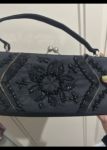 Siyah Nakışlı Boncuk İşlemeli Süet Clutch - Görsel 8