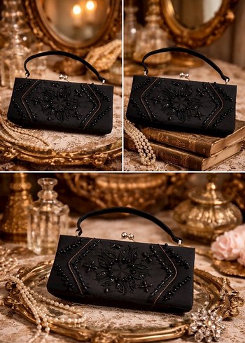 Siyah Nakışlı Boncuk İşlemeli Süet Clutch - Görsel 3
