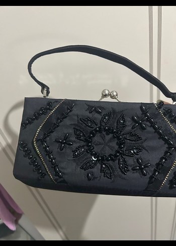 Siyah Nakışlı Boncuk İşlemeli Süet Clutch - Görsel 9