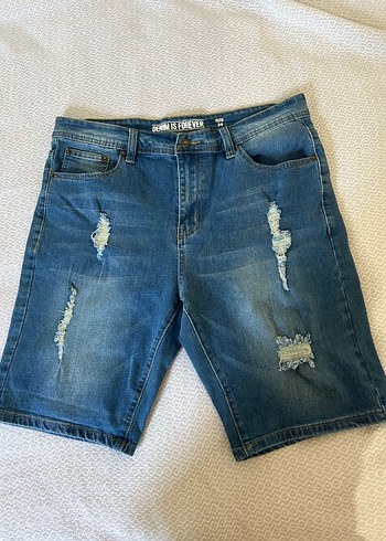 Erkek Mavi Yırtık Denim Şort