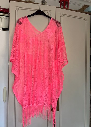 Pembe Dantel Detaylı Bohem Uzun Ponço - Görsel 3