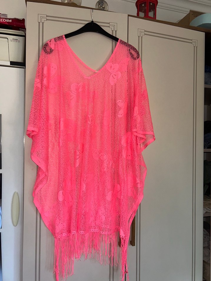 Pembe Dantel Detaylı Bohem Uzun Ponço - Görsel 3
