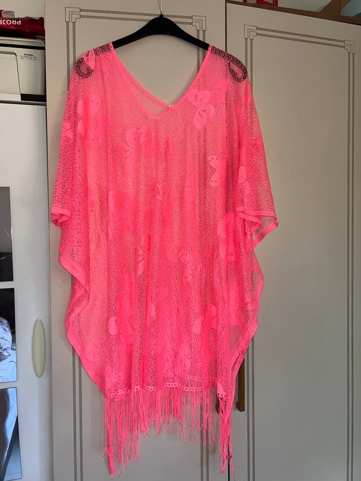 Pembe Dantel Detaylı Bohem Uzun Ponço - Görsel 2