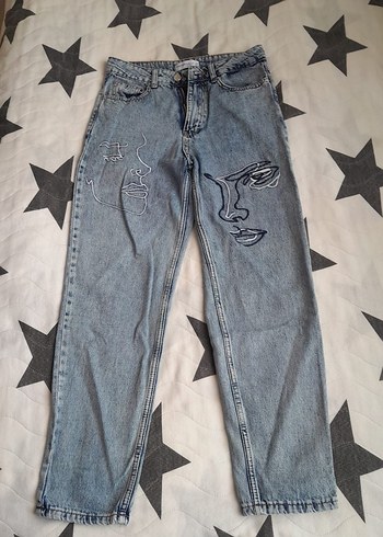 Nakışlı Bol Kesim Mavi Kadın Kot Pantolon mom jean