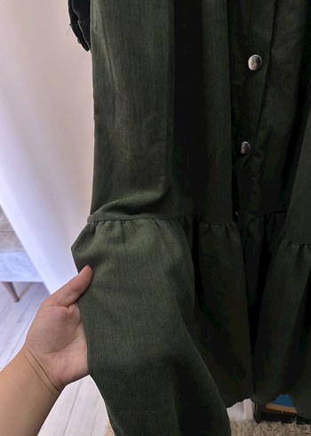 tesettür Kadın Haki Uzun Keten Elbise - Görsel 3