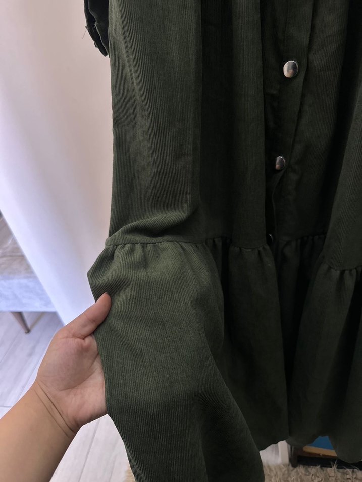 tesettür Kadın Haki Uzun Keten Elbise - Görsel 3